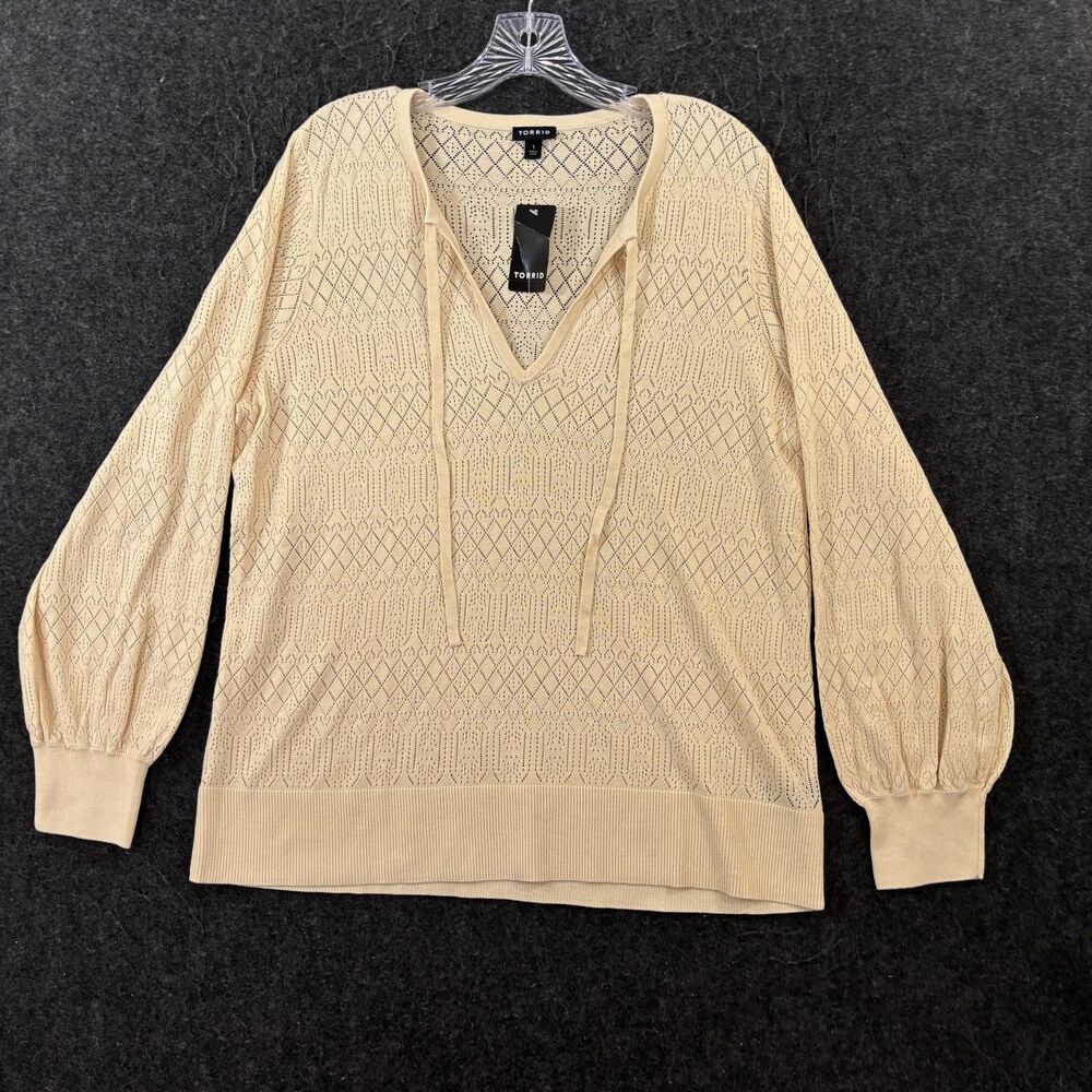 Torrid Sweater Women's 1X Natural Pointelle Puff Sleeve V Neck Sheer Pullover